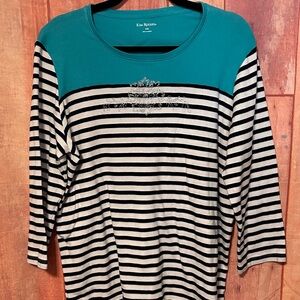 Kim Rogers Teal and Black Striped Long Sleeve Top
